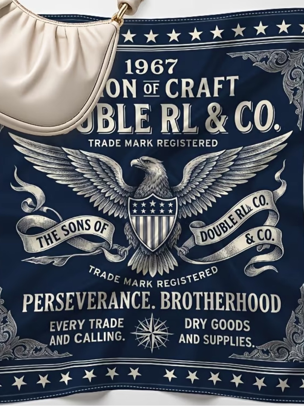 RRL Navy and Cream Eagle Crest Scarf/Banner/Bandana 35” x 35”